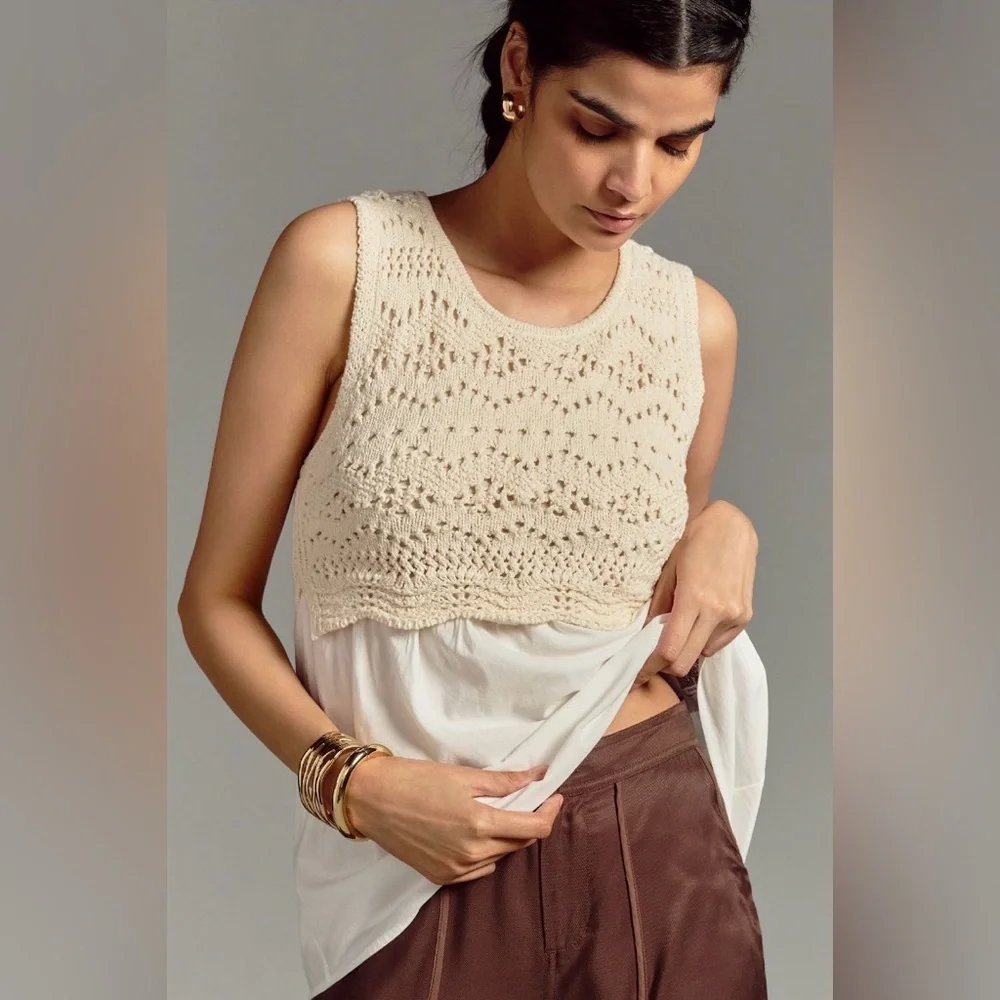 Anthro Ivory Crochet Sweater Tank Layered Boho Knit Blouse S - Picture 2 of 7